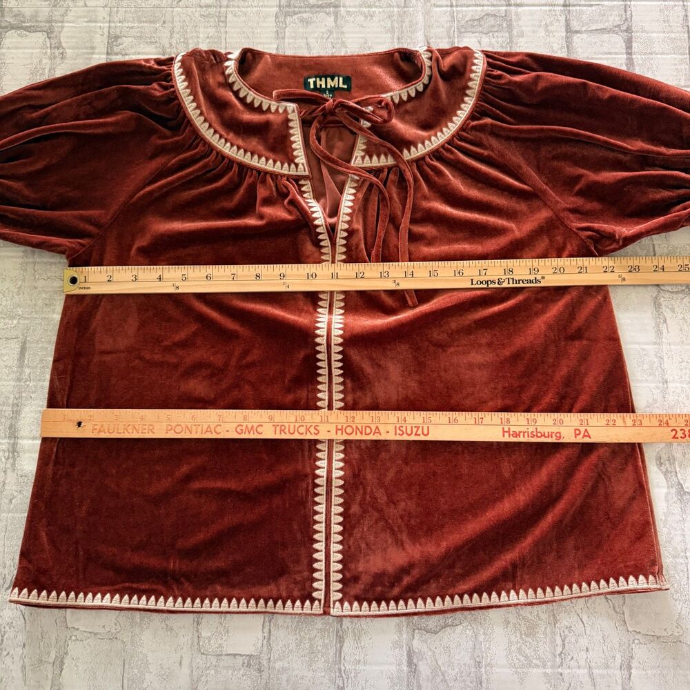 THML Rust Orange Velvet Embroidered Split Neck Tassel Peasant Blouse Top Sz S - Picture 6 of 9